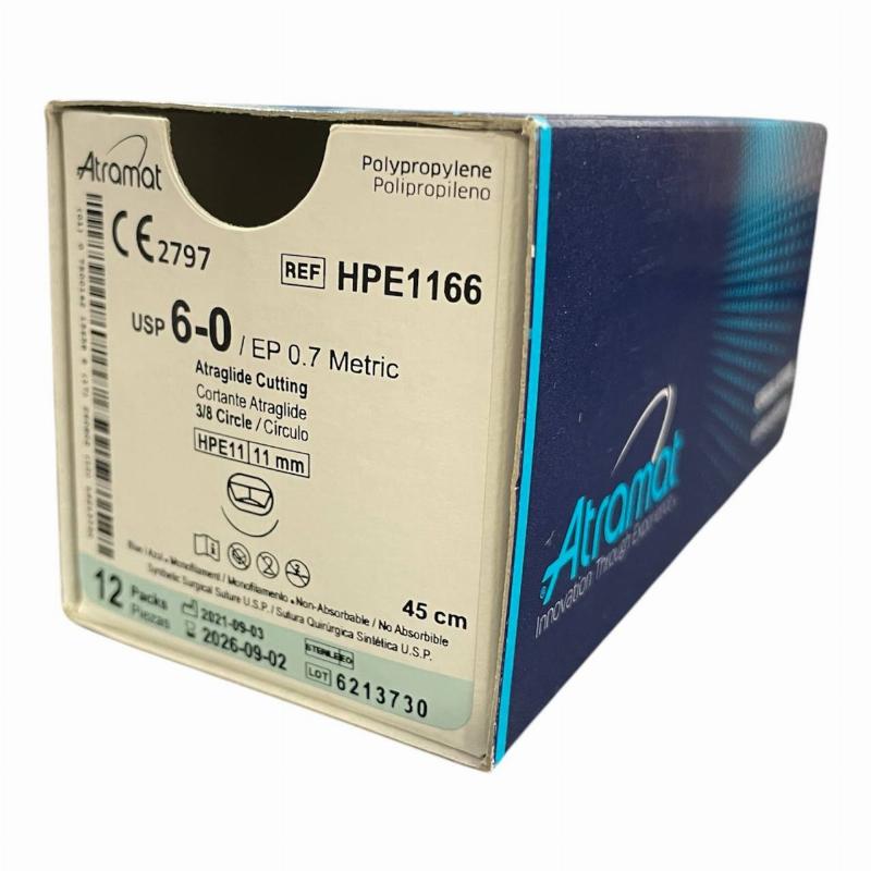 Поліпропілен монофіламент синій, не розсмоктується USP 6-0 (EP0.7) зі зворотн.-ріж. голкою Атраглайд 11мм, 3/8кола, довж. нитки 45см